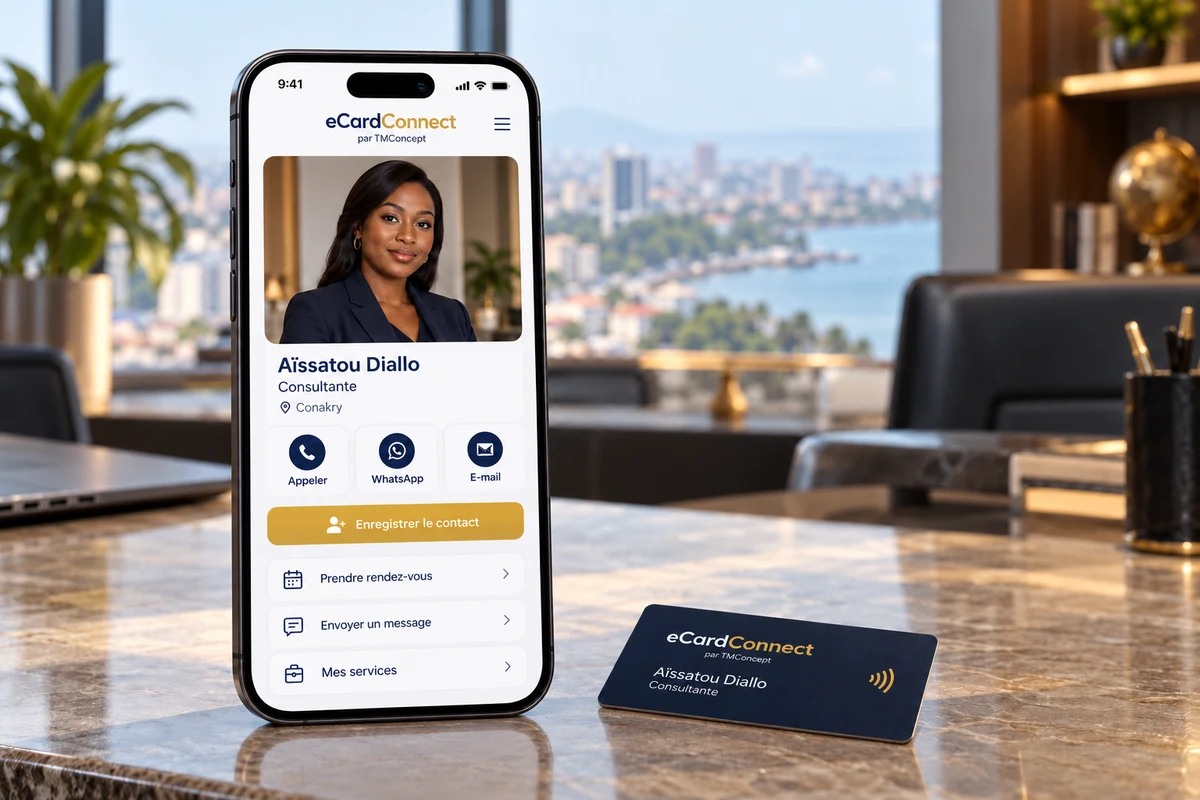 Exemple eCardConnect avec un professionnel africain, sa carte NFC et les actions de contact, message et rendez-vous
