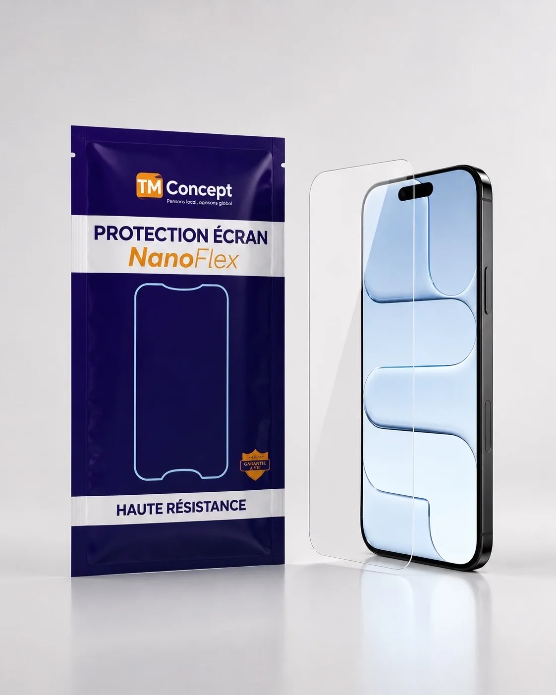 Packaging NanoFlex TMConcept présenté à côté d’un téléphone et de sa protection d’écran